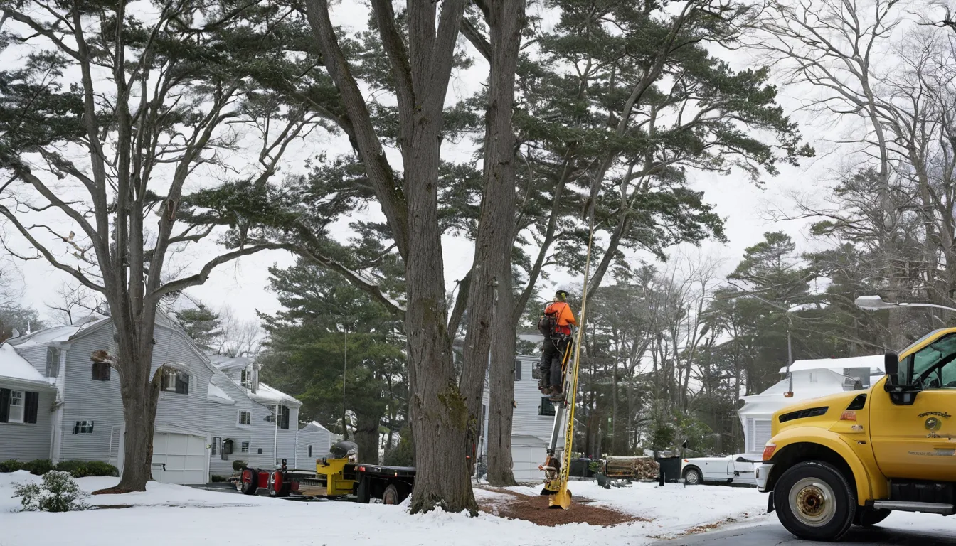 A tree removal provider cutting down a large tree beside a house in Clifton